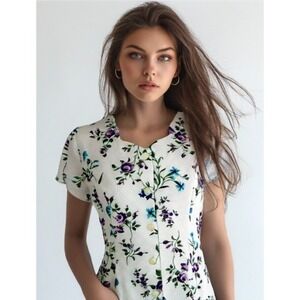 80s Ms Conduct Floral Dress Women Size Small Fit Flare Button Short Sleeve White